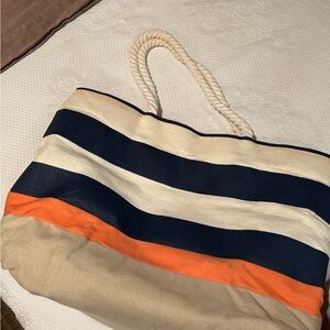 Striped Canvas Tote Bag - Navy, Orange, and Cream